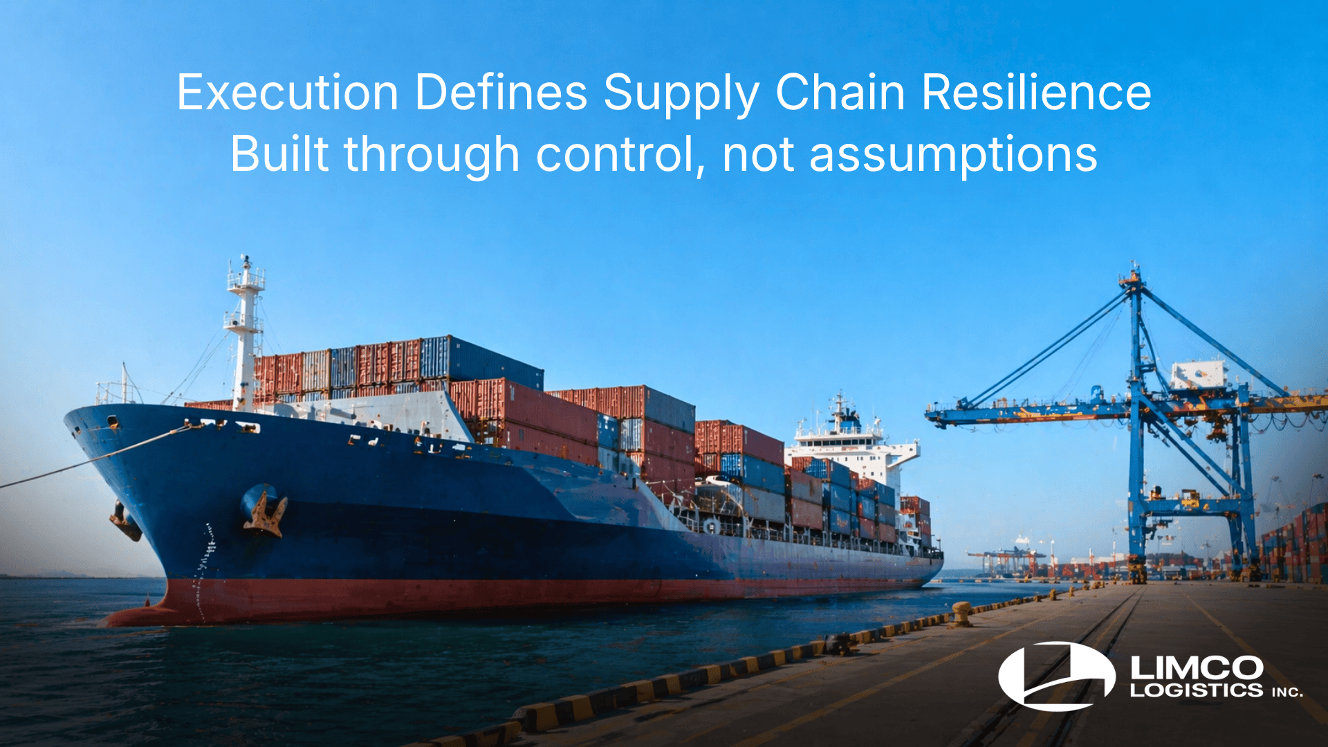 A large container ship docked at a modern port with a gantry crane. Text overlays say "Execution Defines Supply Chain Resilience - Built through control, not assumptions." Includes Limco Logistics Inc. logo