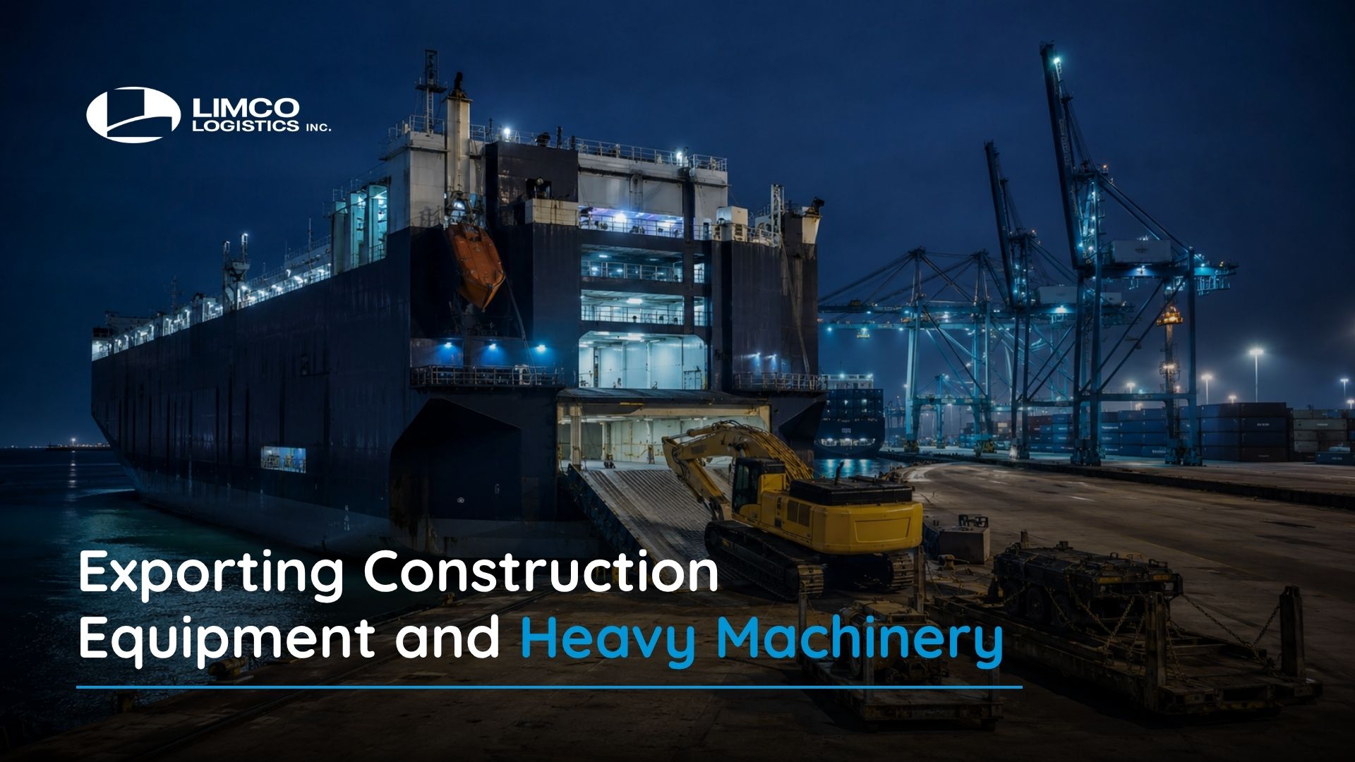 Yellow tracked excavator being loaded onto a roll on roll off cargo vessel at an illuminated port terminal for overseas construction equipment and heavy machinery export.