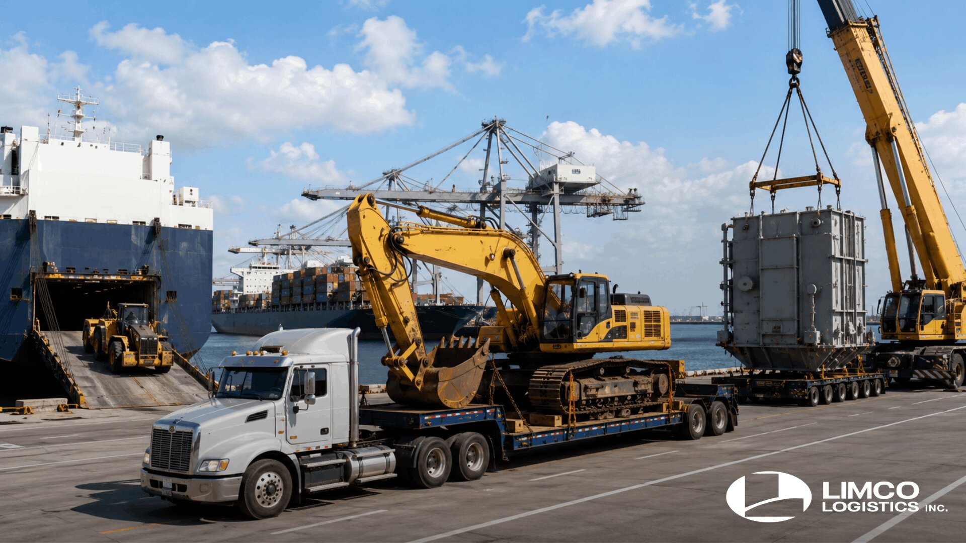Heavy equipment being loaded onto a cargo vessel representing RoRo vs flat rack vs breakbulk ocean freight options
