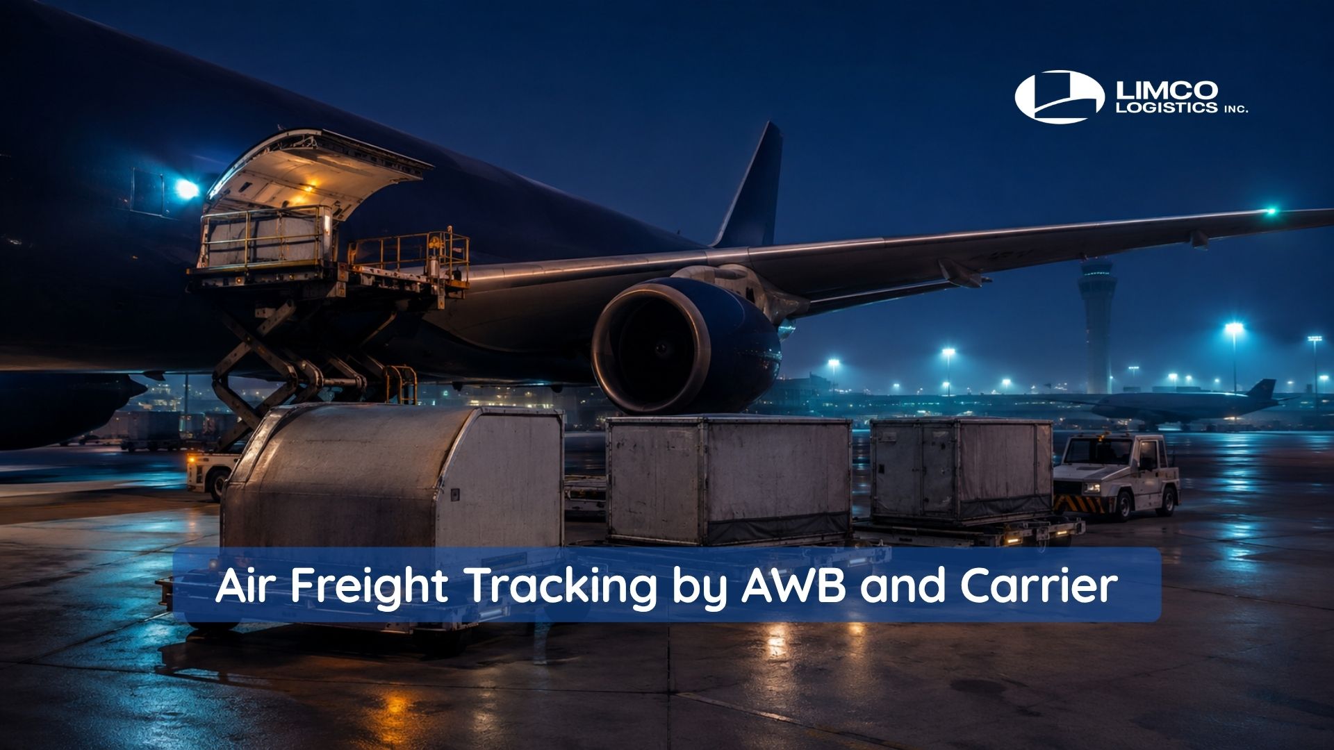 Blue-hour view of an international airport cargo apron with a widebody freighter aircraft at a cargo stand and a high-loader positioned at the open main deck cargo door beside ULD containers staged for loading. The image is used as the featured image for the blog on Limco Logistics Air freight tracking by AWB number.