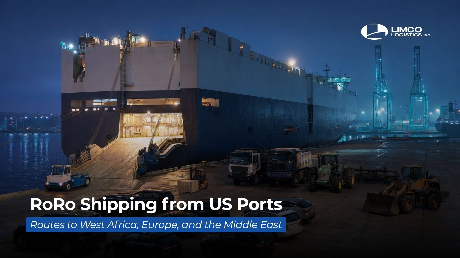 Roll-on/roll-off (RoRo) cargo vessel at a US export port terminal during blue hour, with a lowered stern ramp and staged vehicles, trucks, agricultural equipment, and heavy machinery prepared for shipping routes to West Africa, Europe, and the Middle East.